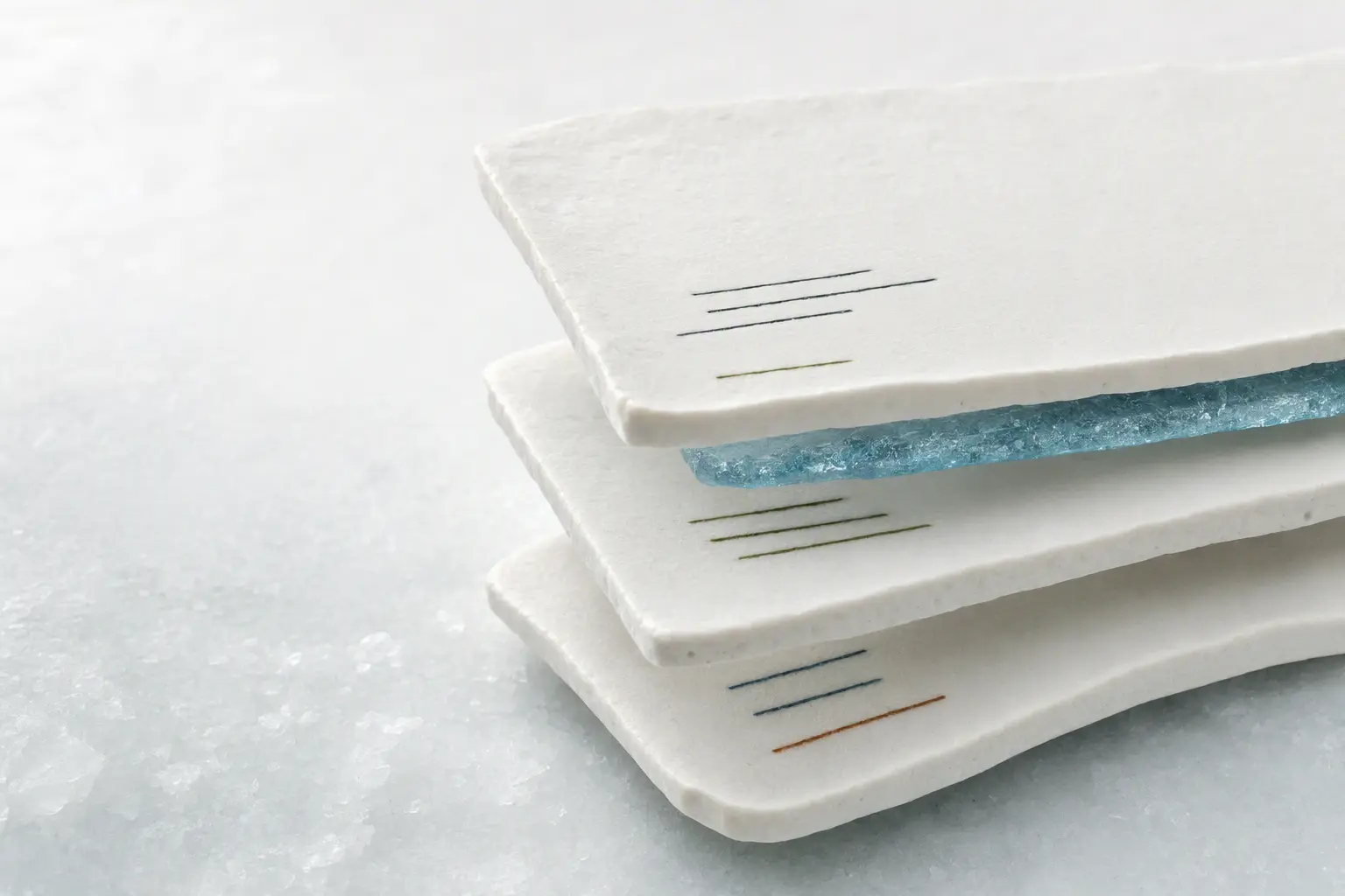 Three thin porcelain slabs separated by a blue glass seam, representing working tree, selected lines, and Git index layers